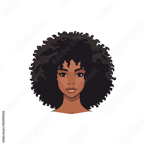 A stylized illustration of a beautiful Black woman with natural, voluminous hair and a neutral expression.