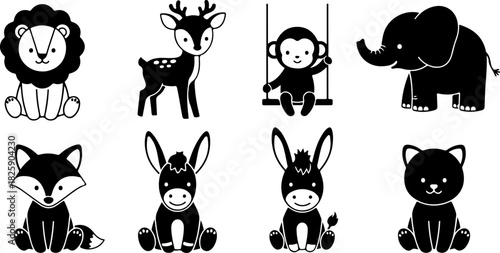 Cute Animal Silhouette Bundle – Lion, Elephant, Deer, Monkey, Fox & Donkey