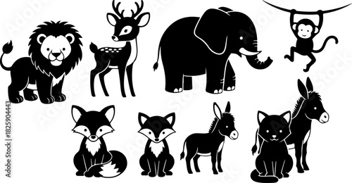 Cute Animal Silhouette Bundle – Lion, Elephant, Deer, Monkey, Fox & Donkey