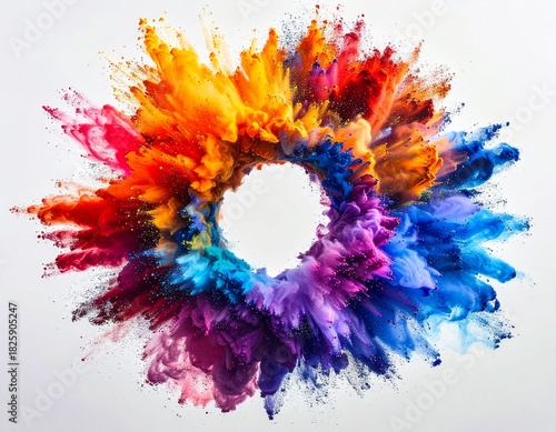Explosion of vibrant colorful pigment forming a ring or donut shape on a white background