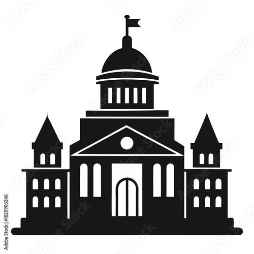 Government building silhouette with a dome and flag, representing law and power