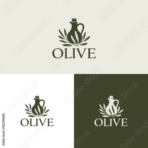 Olive Oil Essence: Minimalist logo embodies the purity and essence of olive oil, showcasing an olive oil bottle surrounded by olive branches.