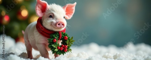 A tiny pig wearing a festive scarf and holding a miniature wreath, snow, happy, fun