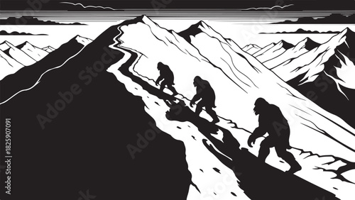Bigfoot Family Mountain Scene Silhouette – Sasquatch Forest Adventure Art