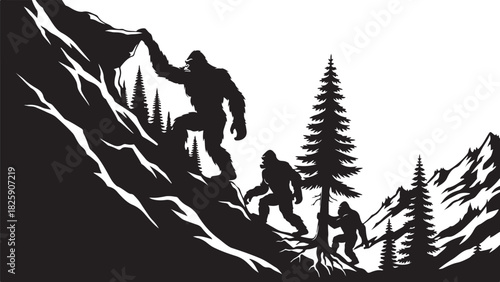 Bigfoot Family Mountain Scene Silhouette – Sasquatch Forest Adventure Art