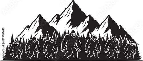 Bigfoot Family Mountain Scene Silhouette – Sasquatch Forest Adventure Art