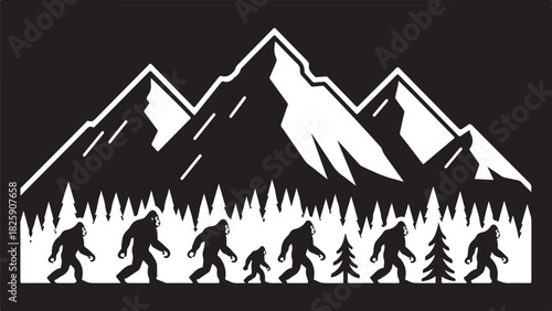 Bigfoot Family Mountain Scene Silhouette – Sasquatch Forest Adventure Art
