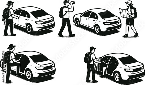 traveler and car illustration pack, road trip characters car set, adventure silhouette bundle