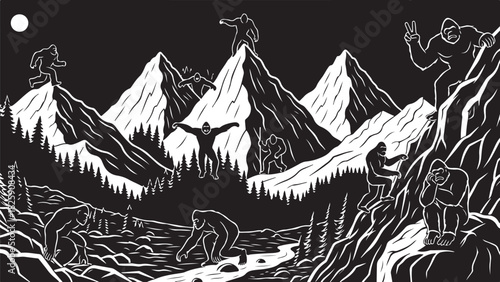 Bigfoot Family Mountain Scene Silhouette – Sasquatch Forest Adventure Art