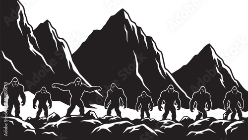 Bigfoot Family Mountain Scene Silhouette – Sasquatch Forest Adventure Art