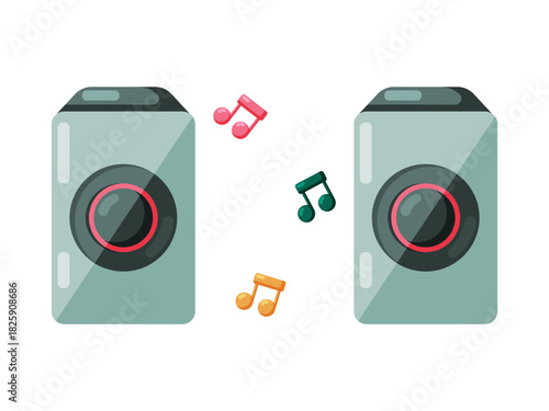 Pair of retro audio speakers with musical notes illustration