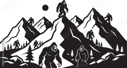 Bigfoot Family Mountain Scene Silhouette – Sasquatch Forest Adventure Art