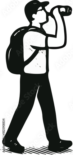 hiker with binoculars illustration, adventurer scouting with binoculars walking