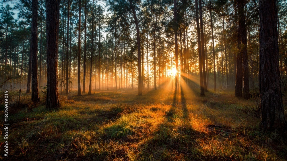 Fototapeta premium Sunrise unveils a tranquil forest scene where sunlight streams through tall trees. The soft mist lingers as golden light casts gentle shadows on the ground capturing nature's beauty.