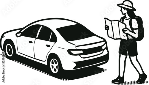 female traveler with map beside car, adventurer checking map near car illustration