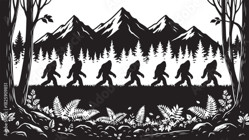 Bigfoot Family Mountain Scene Silhouette – Sasquatch Forest Adventure Art