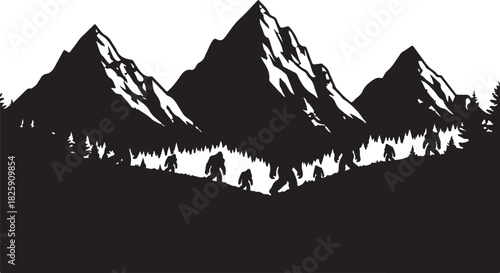 Bigfoot Family Mountain Scene Silhouette – Sasquatch Forest Adventure Art