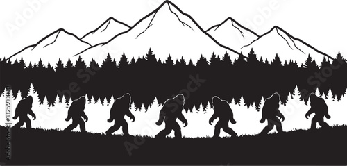 Bigfoot Family Mountain Scene Silhouette – Sasquatch Forest Adventure Art