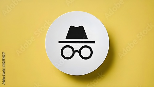 Incognito privacy icon with hat and glasses on yellow background, anonymous browsing and cyber security concept.