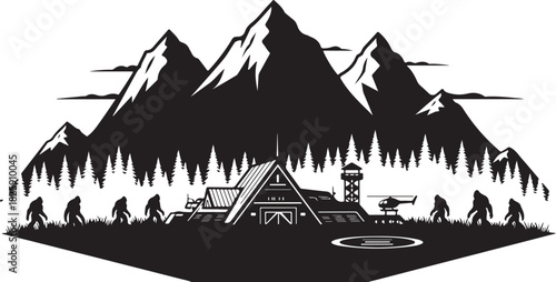 Bigfoot Family Mountain Scene Silhouette – Sasquatch Forest Adventure Art