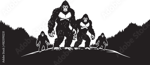 Bigfoot Family Mountain Scene Silhouette – Sasquatch Forest Adventure Art