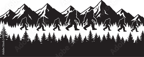 Bigfoot Family Mountain Scene Silhouette – Sasquatch Forest Adventure Art