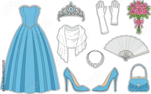 Enchanting Princess Ensemble Blue Gown, Tiara, and Accessories Illustration