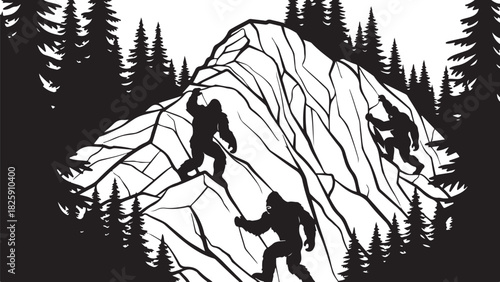 Bigfoot Family Mountain Scene Silhouette – Sasquatch Forest Adventure Art
