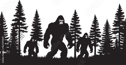 Bigfoot Family Mountain Scene Silhouette – Sasquatch Forest Adventure Art