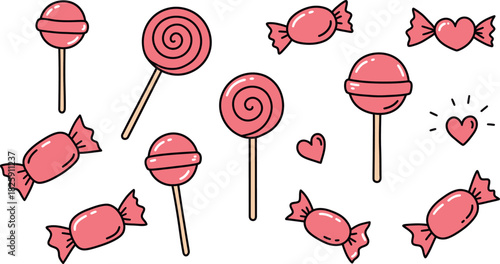 Pink candies, lollipops, and hearts doodle illustration design