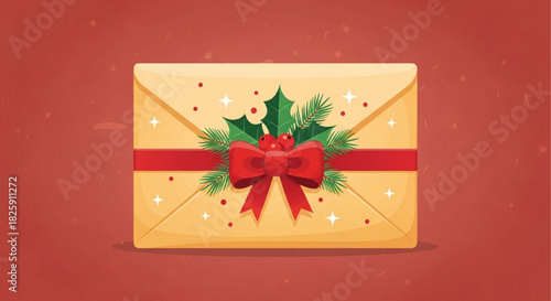 Festive yellow envelope decorated with a red bow, holly, and pine branch, symbolizing a christmas or holiday greeting card
