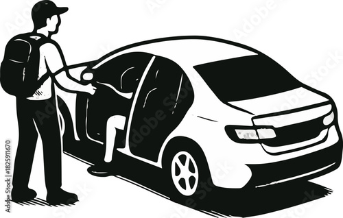 traveler entering car illustration, hitchhiker getting in car, man with backpack car door open