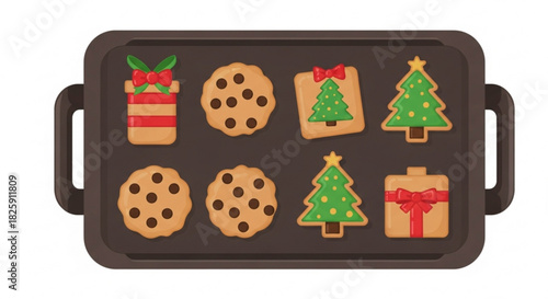 Assortment of freshly baked christmas holiday cookies shaped like trees, presents, and chocolate chip, arranged on a baking tray