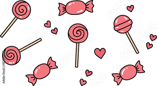 Pink candy lollipops and sweet hearts doodle illustration pattern