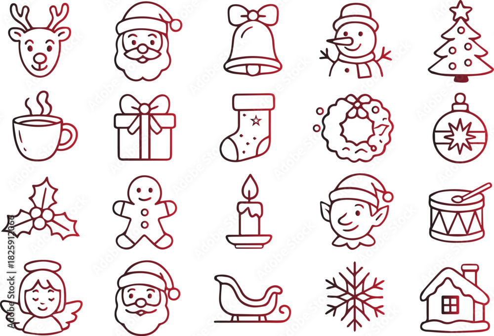 Obraz premium Collection of cute hand drawn line art icons representing various christmas and winter holiday symbols, isolated on white background