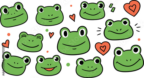 Cute cartoon frog faces with hearts and dots, playful design