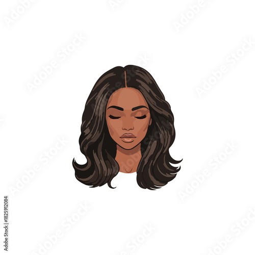 Illustration of a beautiful woman with dark, wavy hair and closed eyes, against a white background.