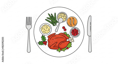 Illustration of a traditional holiday dinner plate featuring a roasted turkey, green beans, mashed potato, cranberry sauce, and roll