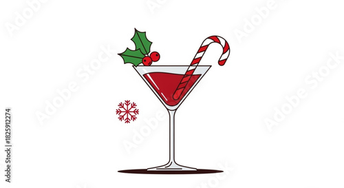 Festive red cocktail in martini glass garnished with a candy cane and holly leaf