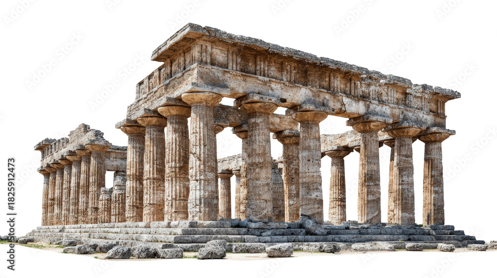 Obraz premium Ancient Greek temple ruins in Paestum background isolated on a Transparent background, PNG file.