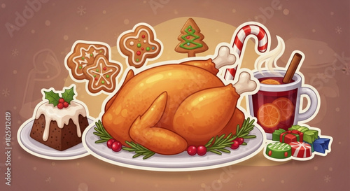 Delicious roasted turkey centerpiece surrounded by festive christmas dessert, gingerbread cookie, hot mulled wine, and holiday candy illustration