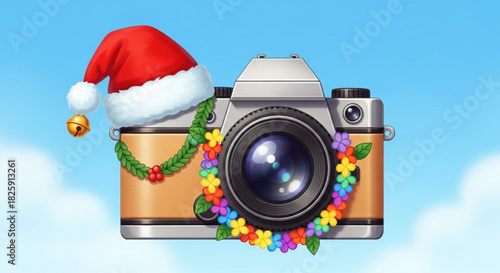 Digital camera decorated with a festive christmas santa hat and a colorful lei against a bright blue sky background