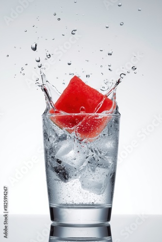 Red fruit splash in glass of ice water