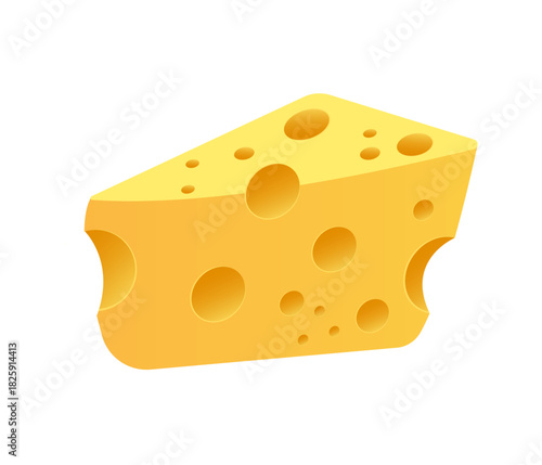 A perfectly rendered wedge of yellow Swiss cheese features several distinct circular holes. It is a clean simple illustration on a white background.