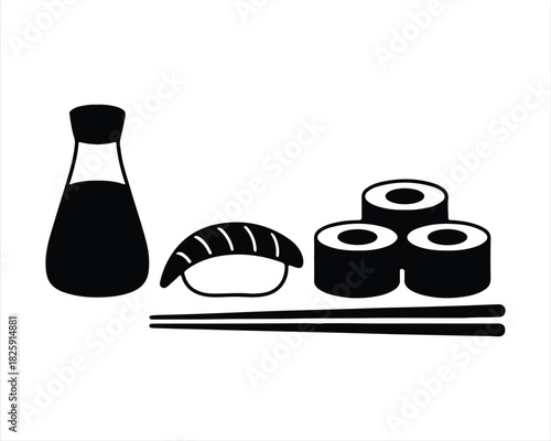 Minimalist Sushi Still Life with Soy Sauce and Chopsticks Illustration