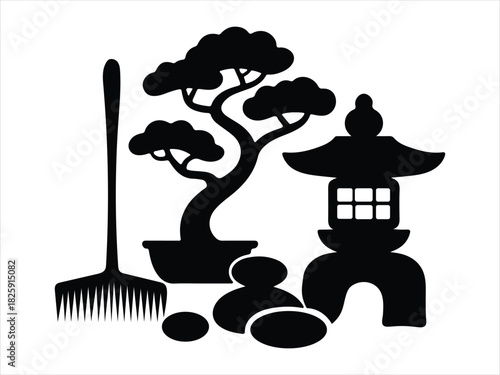 Silhouette of Japanese garden elements including bonsai tree rake and lantern