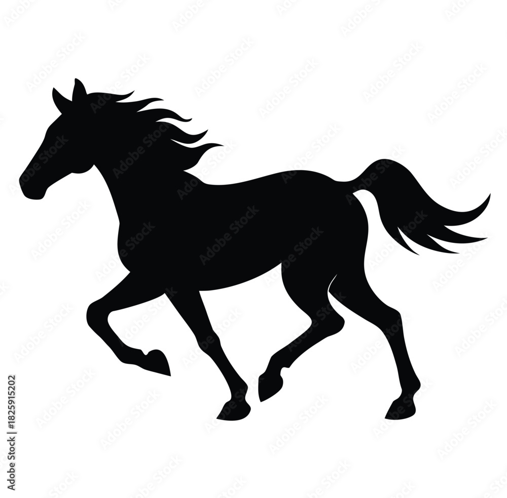 Obraz premium Black horse silhouette trotting, majestic equine animal