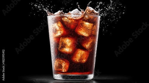 Refreshing glass of cola with ice cubes and splash against a black background