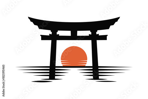 Japanese Torii Gate with Rising Sun Silhouette Minimalist Vector Design