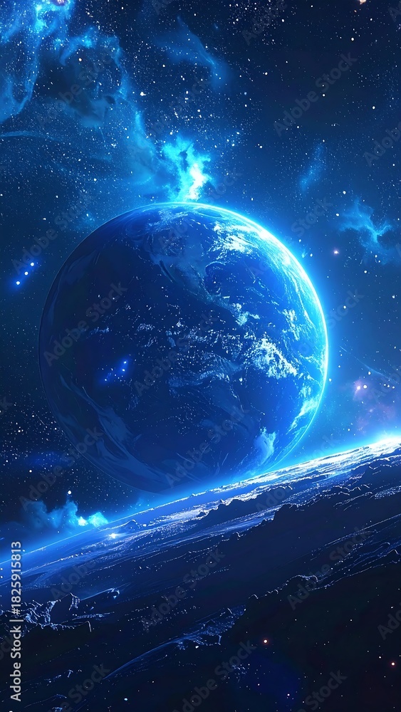 Obraz premium Glowing blue planet in a vivid nebula with scattered stars